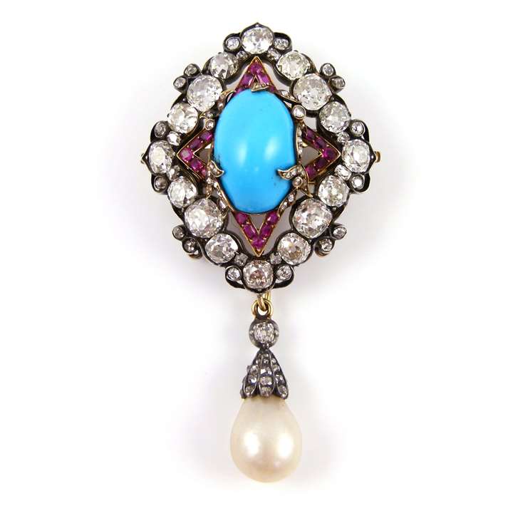 Turquoise, ruby, diamond and drop pearl cluster pendant brooch